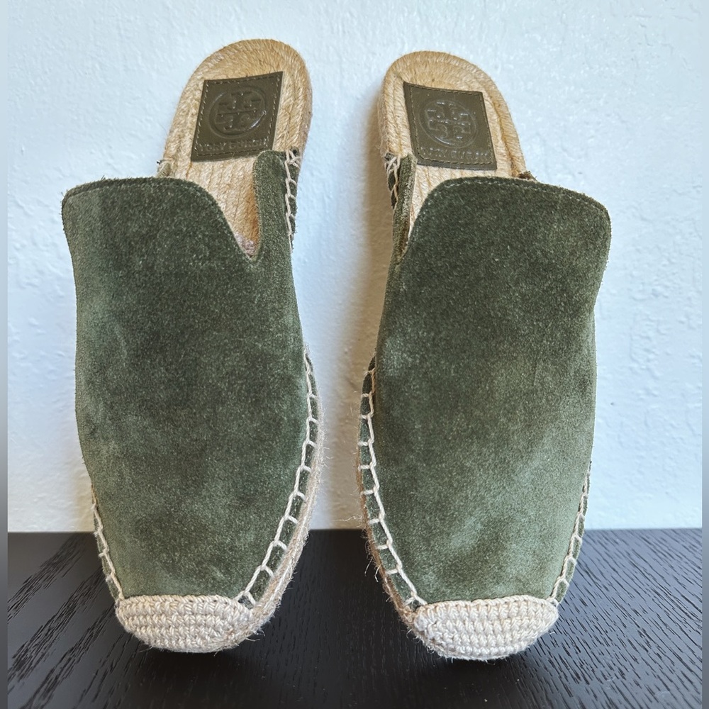 Tory Burch Espadrille Mule Slide - Olive Green Suede Leather